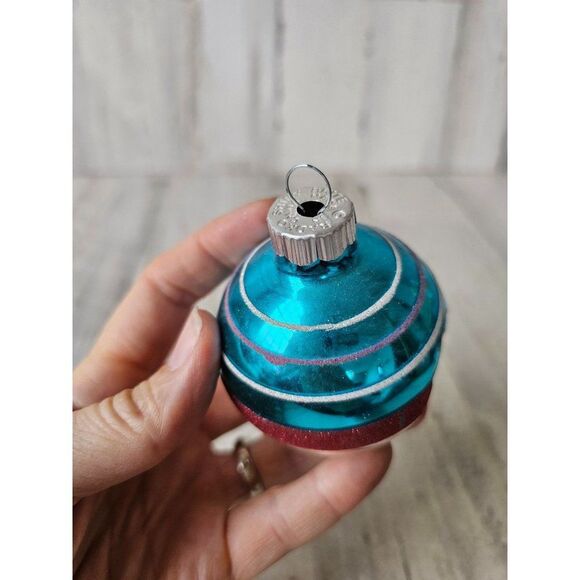 Vintage radko reflector shiny bright blue striped ball ornament silver Xmas tree - Picture 3 of 9